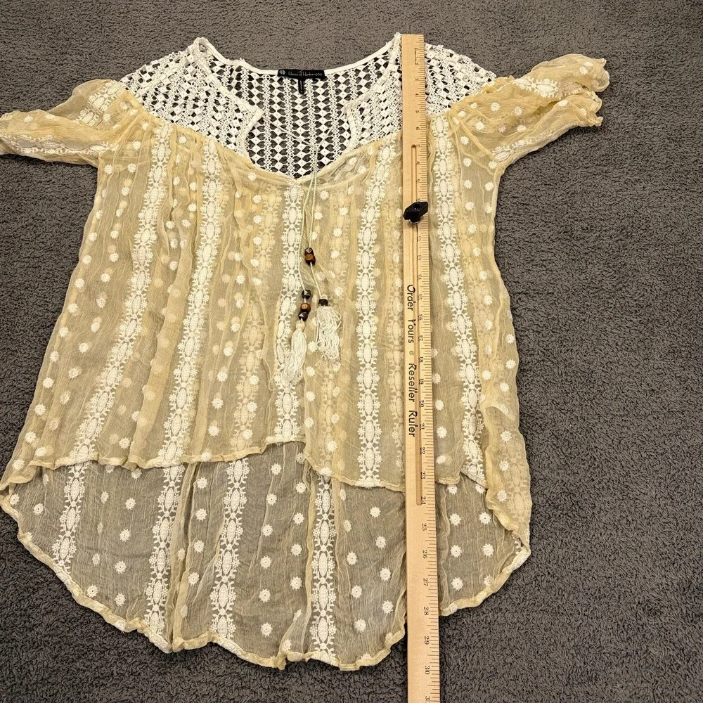 House of Harlow 1960 Shirt Womens Medium Silk Sheer Crochet Tassel Boho Fairy - Picture 7 of 12